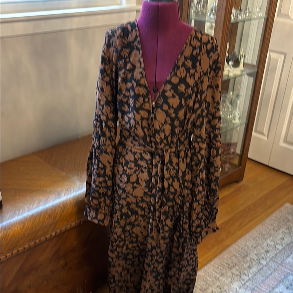 Rails Black and Brown Plunge Neck Bishop Sleeve Sundress